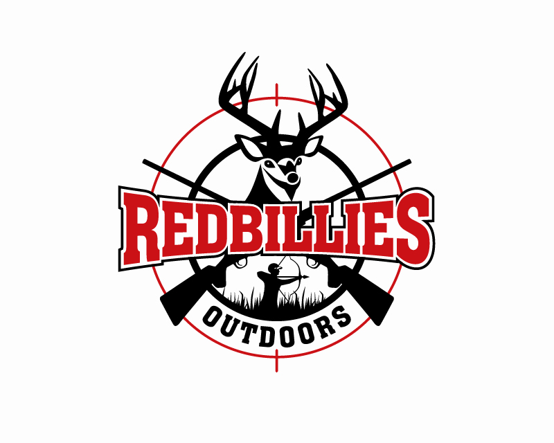 Redbillies-Outdoors-Hunting-Virginia-Logo with a deer silhouette and cross rifles in front of it.